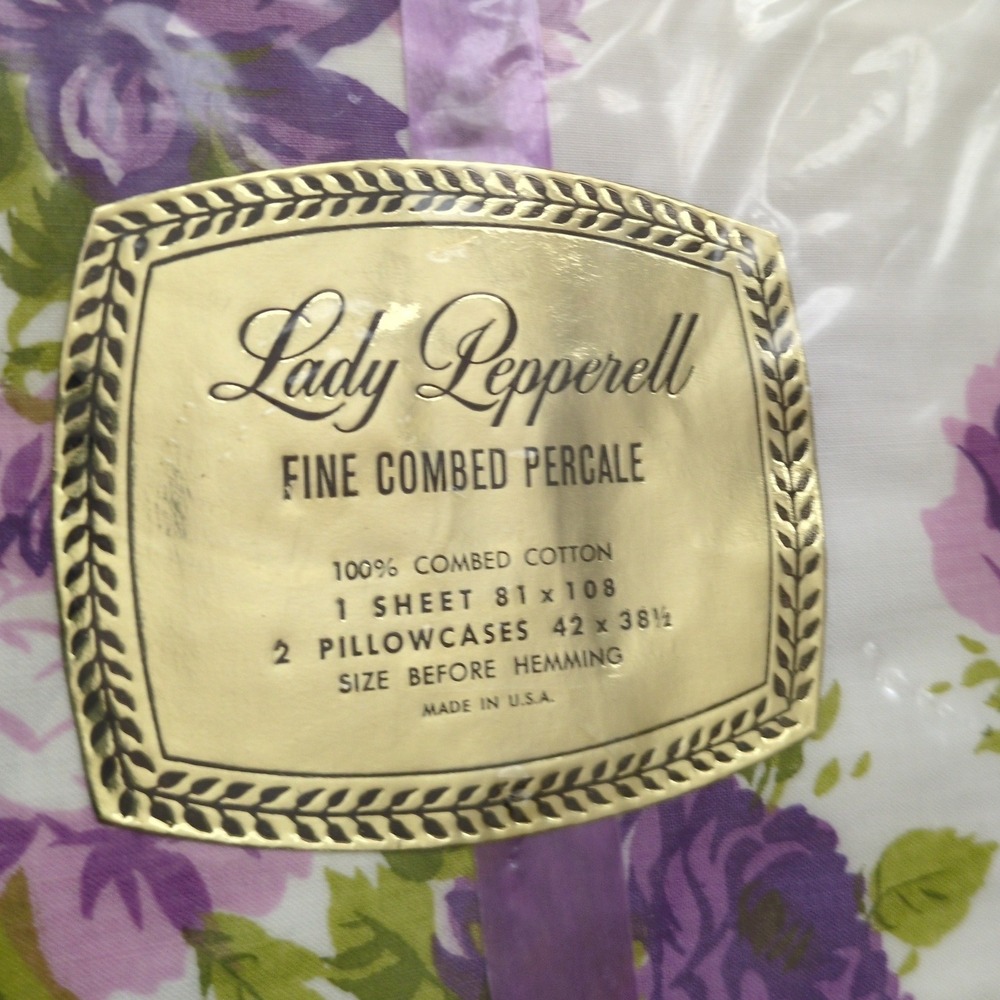 Vtg NOS Lady Pepperell Full Sheet Set Flat + Pillowcases Purple Rose Sealed Box - Picture 2 of 6